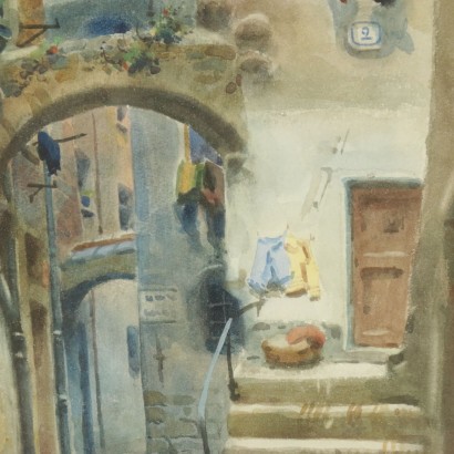 Ruelles à Sanremo Paire de Aquarelles sur Papier Michele Allavena '900