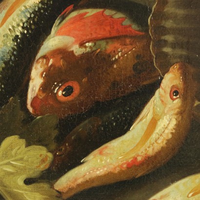Nature morte avec des poissons, la cuve, le panier, et shell