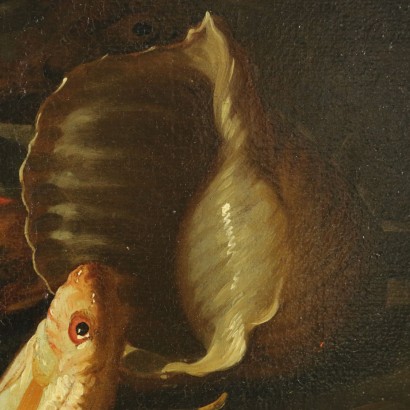 Nature morte avec des poissons, la cuve, le panier, et shell