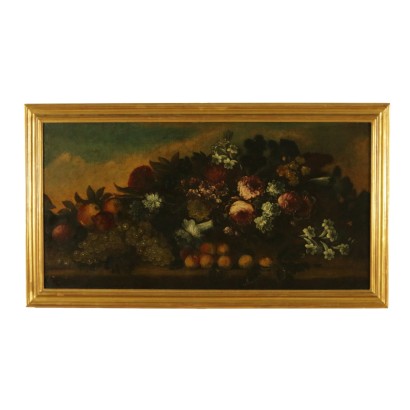 Still life with flowers and fruit