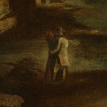 Landscape with ruins and boat on the lake and figures-detail