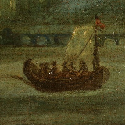 Landscape with ruins and boat on the lake and figures-detail