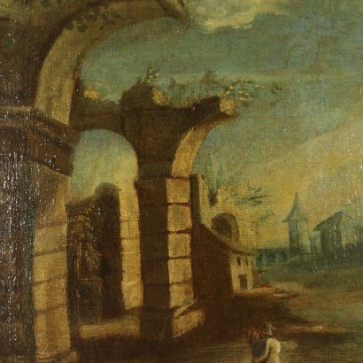 Landscape with ruins and boat on the lake and figures-detail