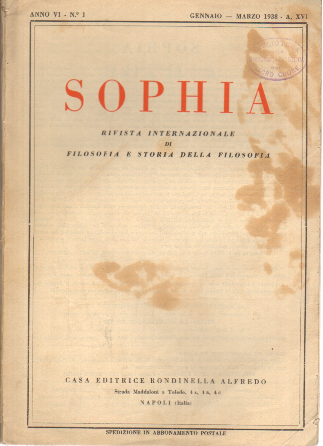 Sophia. Fascicolo I. Anno VI 1938, AA.VV.