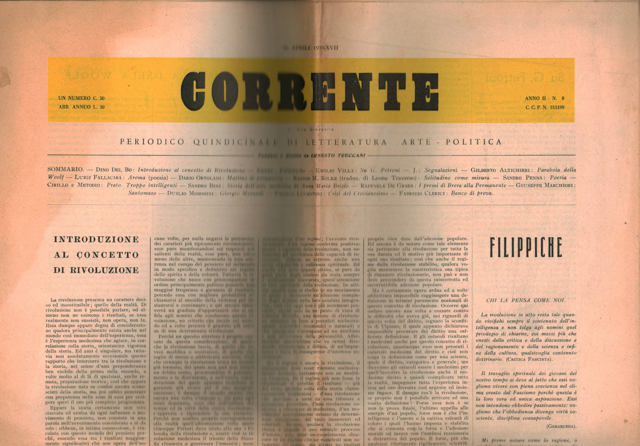 Corrente di Vita Giovanile, periodico quindicinale di Letteratura, Arte, Politica Anno II, n. 8, 30 Aprile 1939