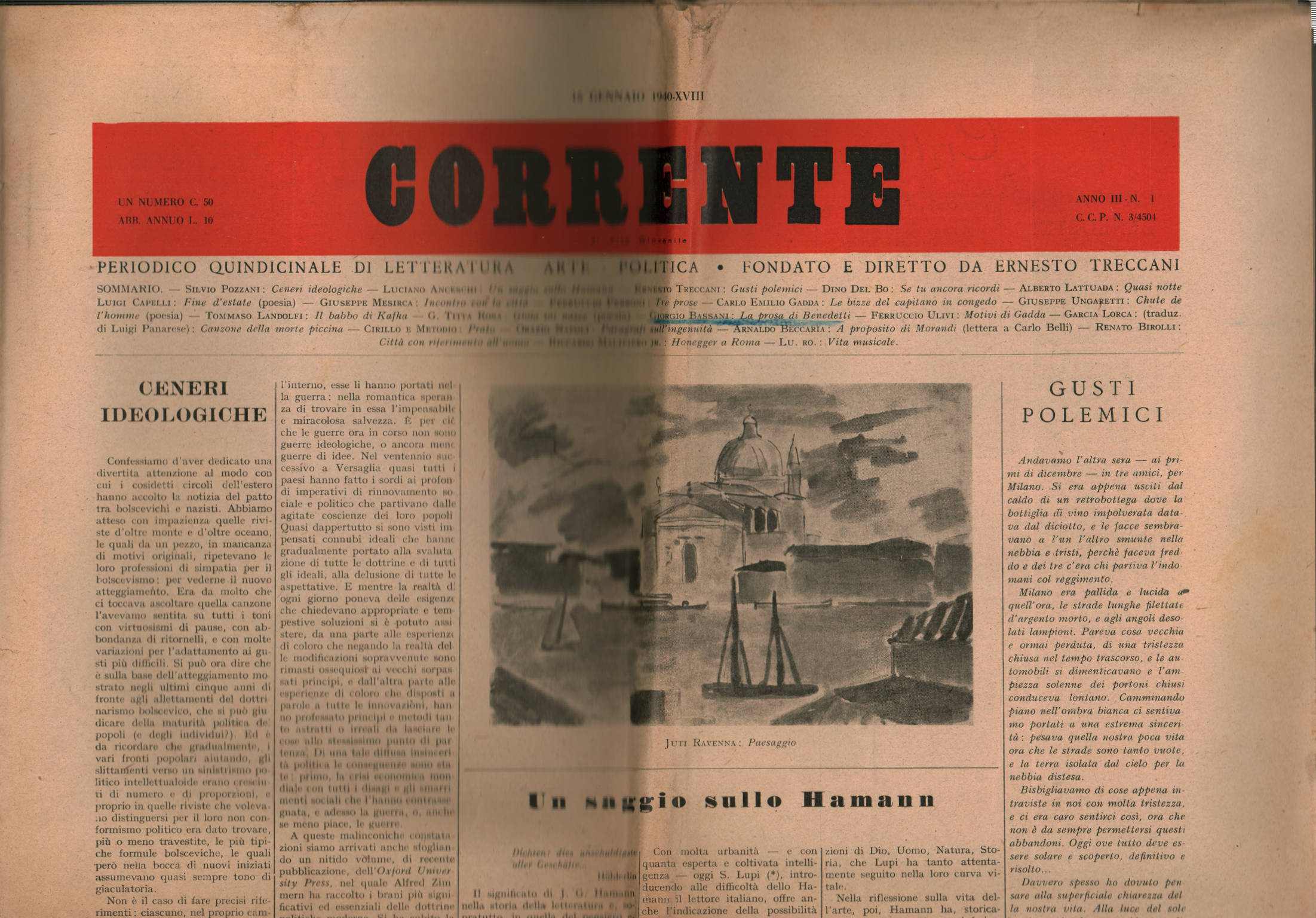 Corrente di Vita Giovanile, periodico quindicinale di Letteratura, Arte, Politica Anno III, n. 1, 15 Gennaio 1940