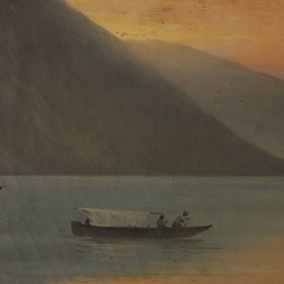 Lake landscape with boats and figures-detail