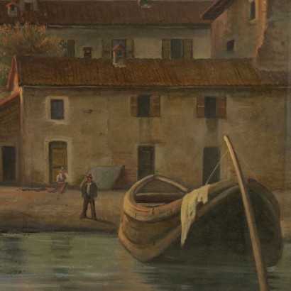 Lake landscape with boats and figures-detail