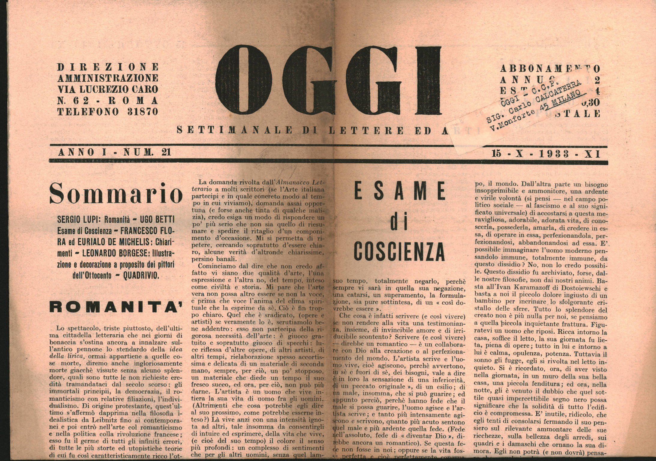 Oggi Settimanale di lettere ed arte Anno I n.21 15 Ottobre 1933