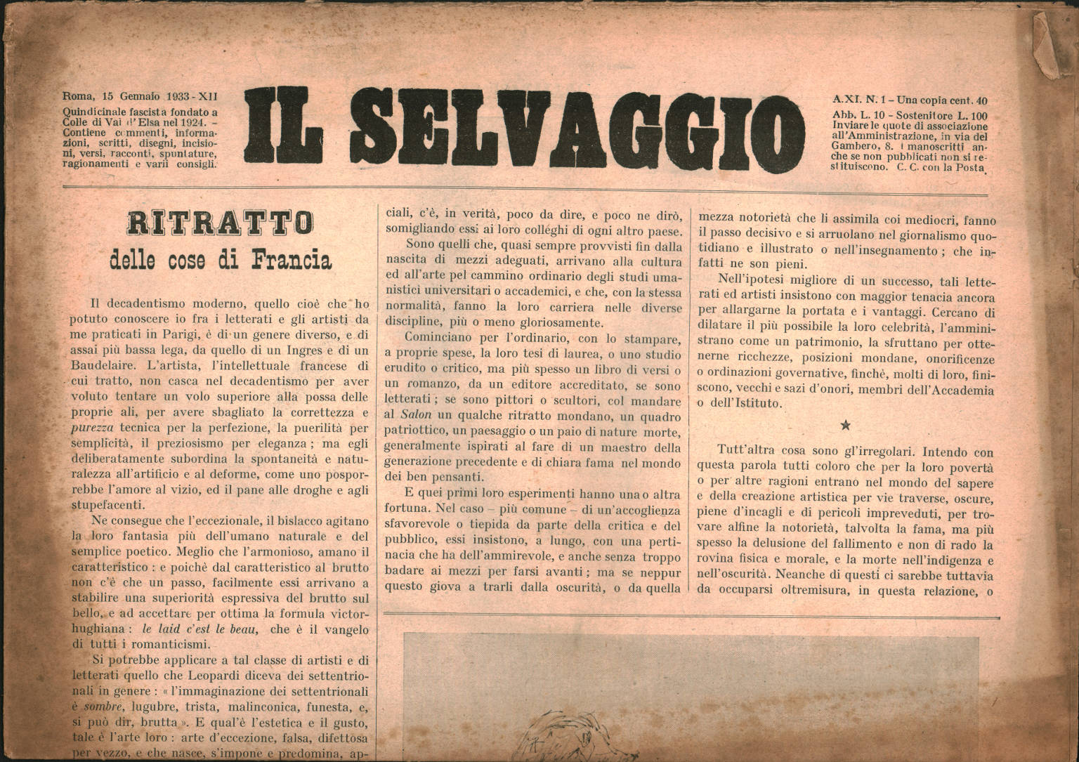 Il Selvaggio Anno XI n.1, 15 Gennaio 1933