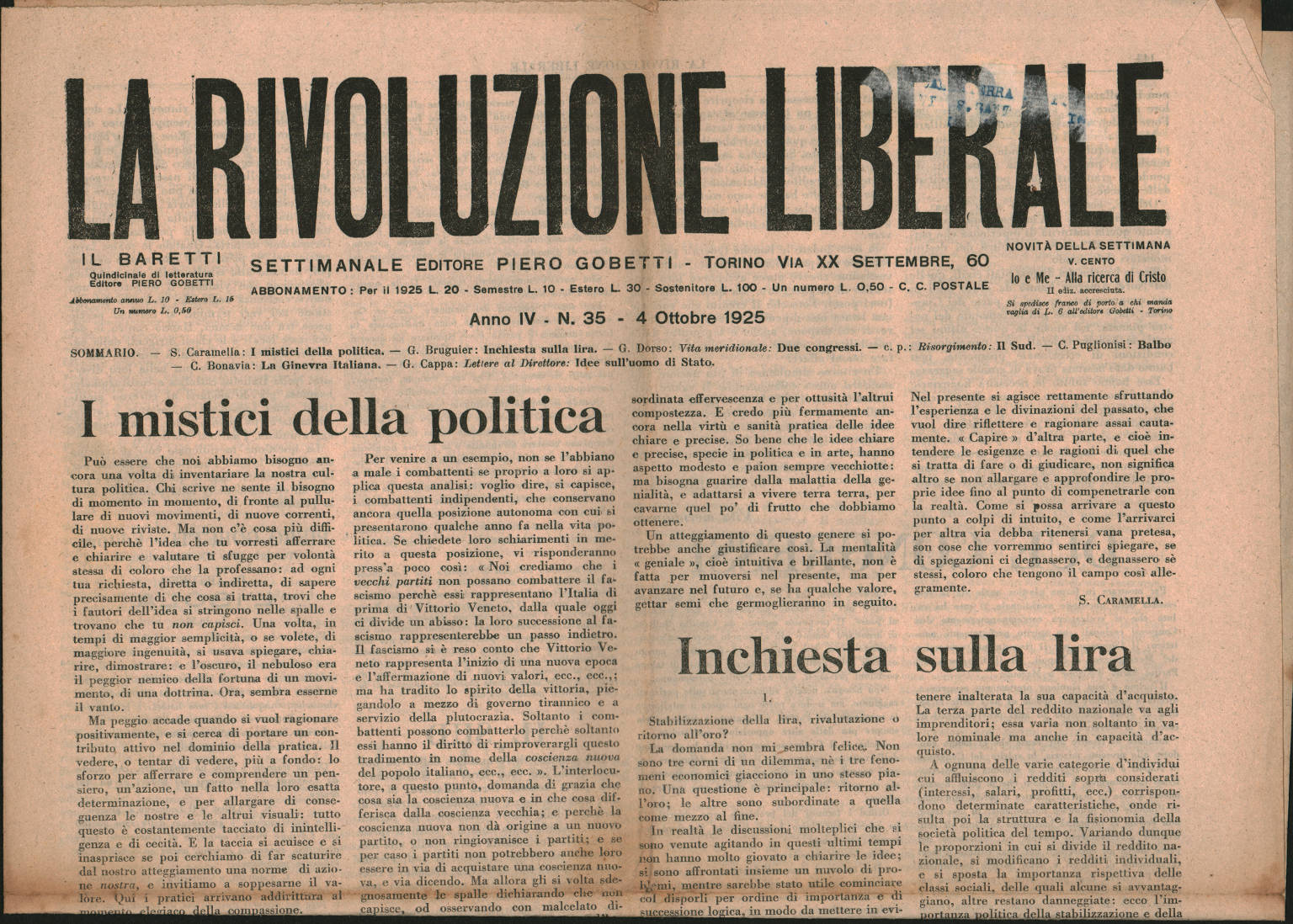 La Rivoluzione Liberale Rivista storica settimanale di politica Anno IV n.35, 4 Ottobre 1925