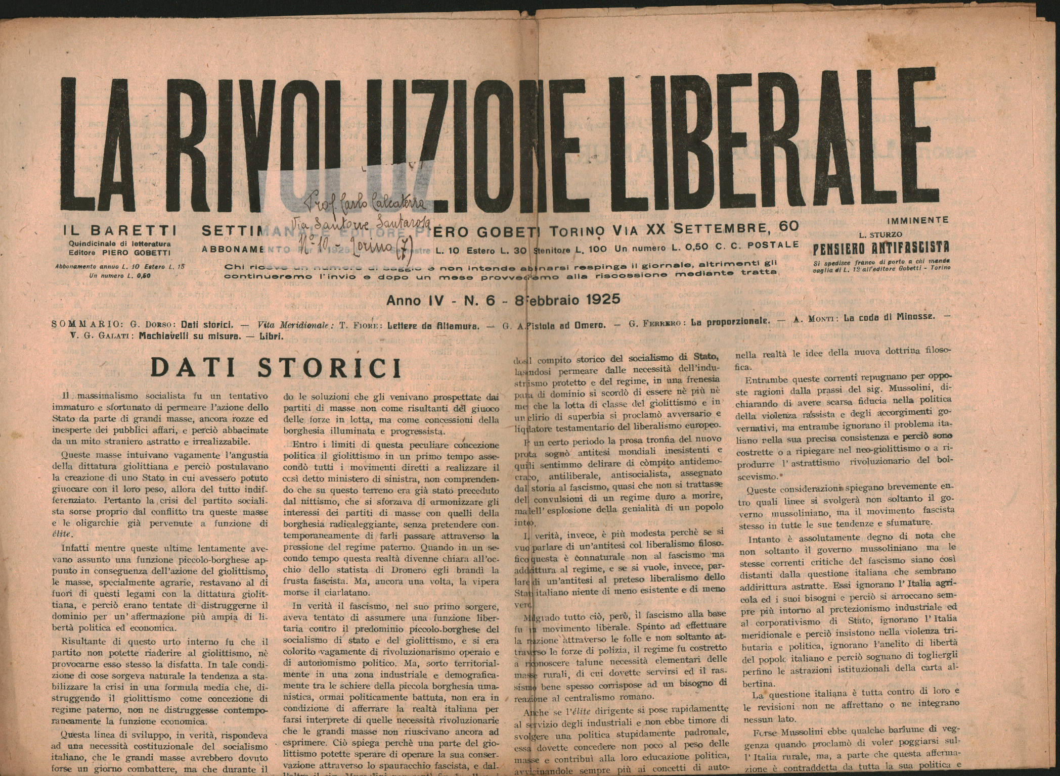 La Rivoluzione Liberale Rivista storica settimanale di politica Anno IV n.6, 8 Febbraio 1925