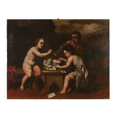 arte, arte italiana, pittura antica italiana,Dipinto Allegorico,Putti che giocano a carte