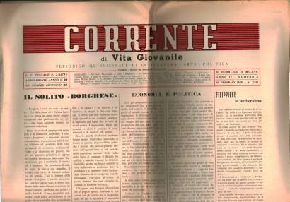 Corrente di Vita Giovanile, periodico quindicinale di Letteratura, Arte, Politica Anno II, n. 3, 15 Febbraio 1939