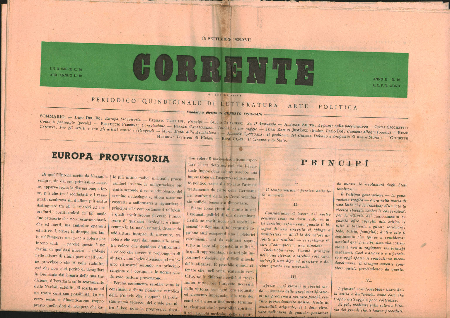 Corrente di Vita Giovanile, periodico quindicinale di Letteratura, Arte, Politica Anno II, n. 16, 16 Settembre 1939