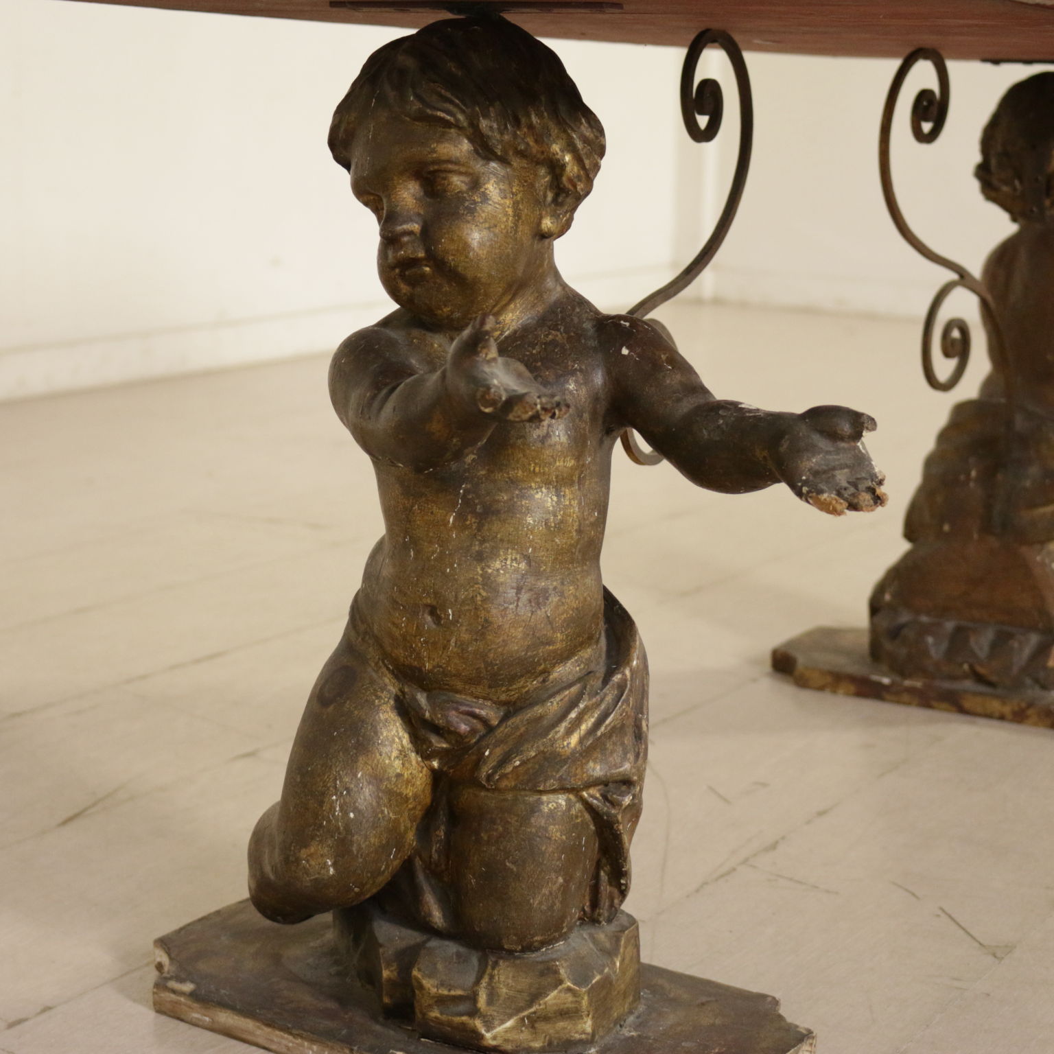 Coffee Table With Antique Cherubs Iron Lacquered Wood Italy 1900