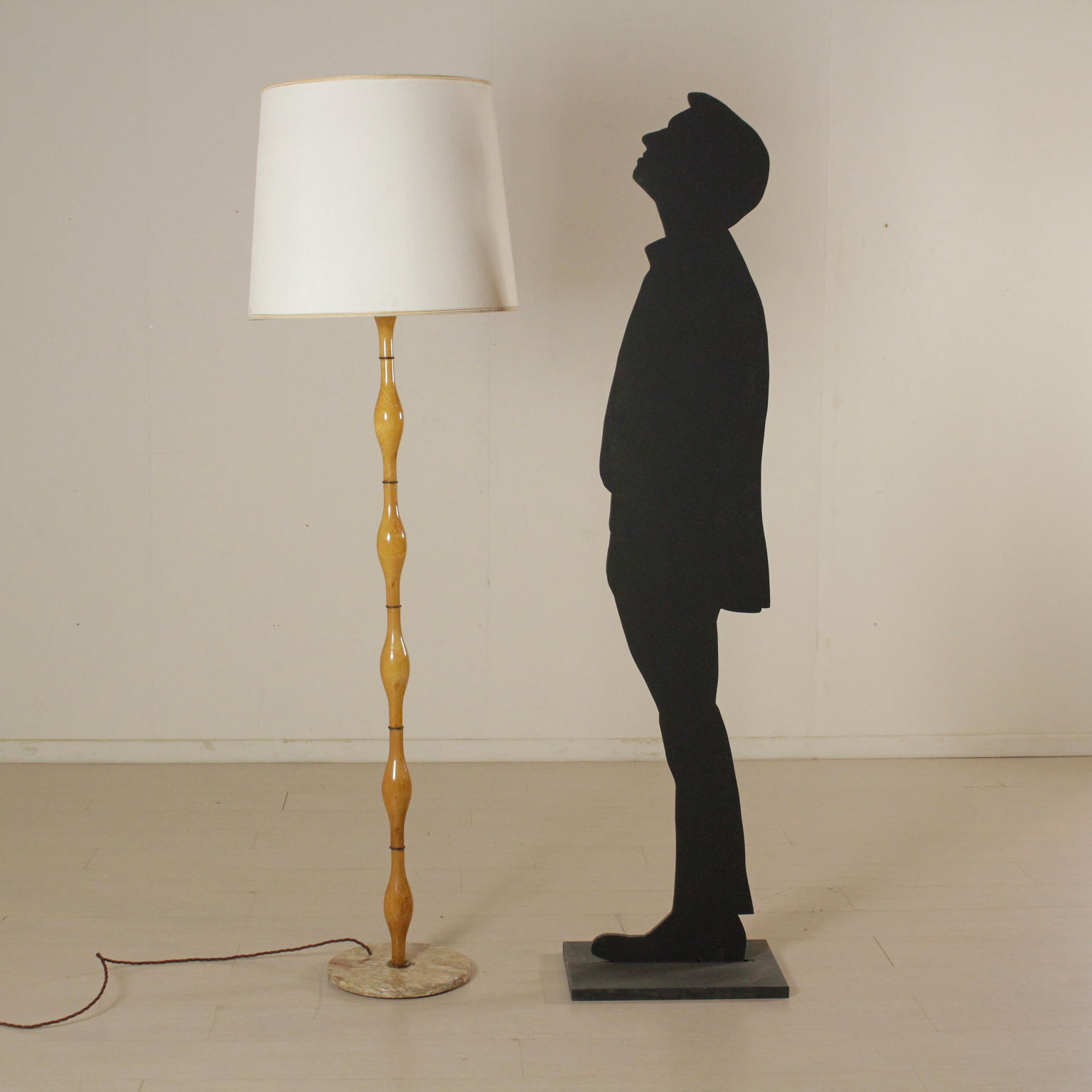 Floor Lamp Turned Wood Fabric Vintage Italy 1950s Lighting