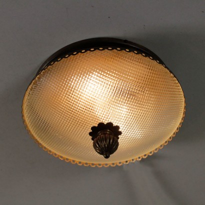 Ceiling Lamp Brass Milled Glass Vintage Italy 1950s