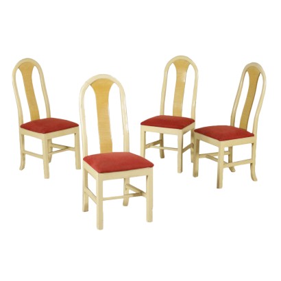 di mano in mano, group of chairs, lacquered wooden chairs, upholstered chairs, fabric chairs, modern chairs, 50s chairs, italian chairs