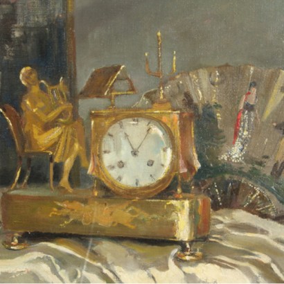 Kunst des 20. Jahrhunderts, 1900, 900, 20. Jahrhundert, Ludovico Zambeletti (1881-1966), Stillleben, Uhr, Ventilator, Ölgemälde, #art, #novecento, # {* $ 0 $ *}