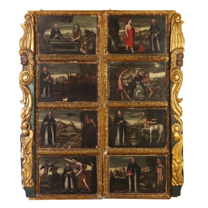 Pittura Antica-Otto tele con Scene di Vita di S.Antonio Abate, montate su pannelli lignei