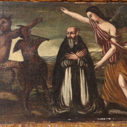 Alte malerei-Acht gemälde mit Szenen aus dem Leben des heiligen Antonio Abate, montiert auf holzplatten,