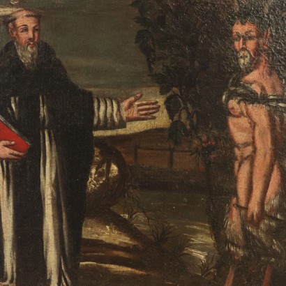 Peinture ancienne-Huit tableaux, avec des Scènes de la Vie de Saint Antoine, Abbé, montés sur des panneaux de bois