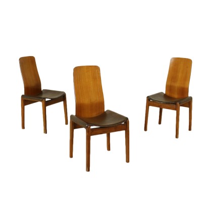 Three Chairs Beech Plywood Leather Vintage Italy 1970s-1980s