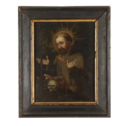 Pintura antigua, San Francisco, en la adoración de cristo Crucificado