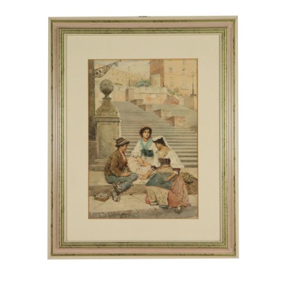 Watercolor by Clelia Bompiani Battaglia Children Playing 19th Century