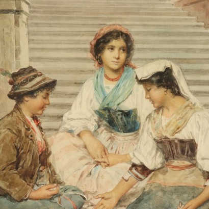 Watercolor by Clelia Bompiani Battaglia Children Playing 19th Century