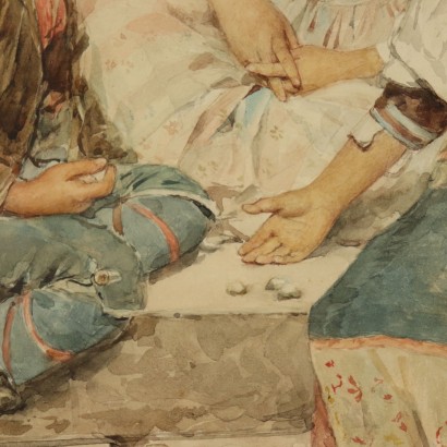 Watercolor by Clelia Bompiani Battaglia Children Playing 19th Century