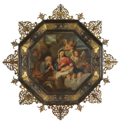 Holy Family with Angels Oil on Copper Octagonal Frame XVII Century