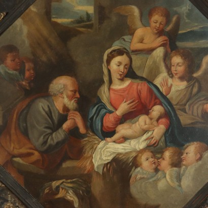 Holy Family with Angels Oil on Copper Octagonal Frame XVII Century