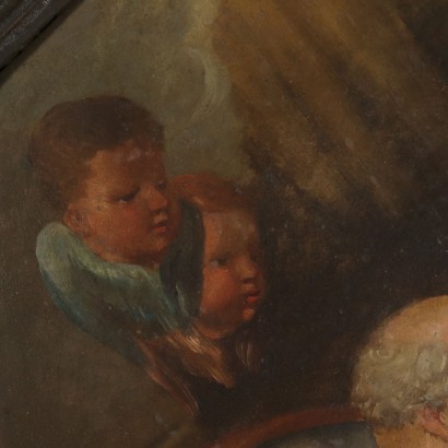 Holy Family with Angels Oil on Copper Octagonal Frame XVII Century