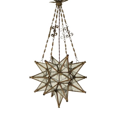 Worked Bronze Acid-Etched Glass Star-Shaped Lamp Vintage Italy '900