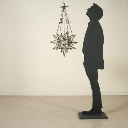 Worked Bronze Acid-Etched Glass Star-Shaped Lamp Vintage Italy '900