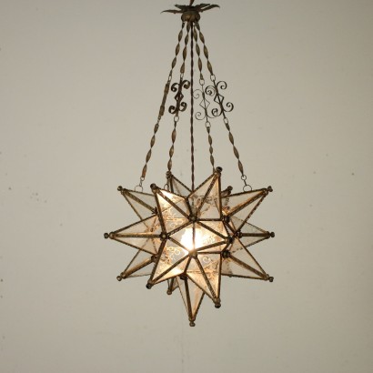 Worked Bronze Acid-Etched Glass Star-Shaped Lamp Vintage Italy '900