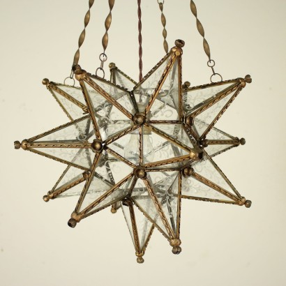 Worked Bronze Acid-Etched Glass Star-Shaped Lamp Vintage Italy '900