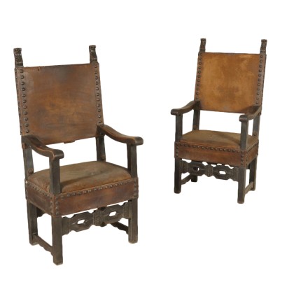 Pair of Revival Walnut Thrones Leather Italy First Half of 1900s