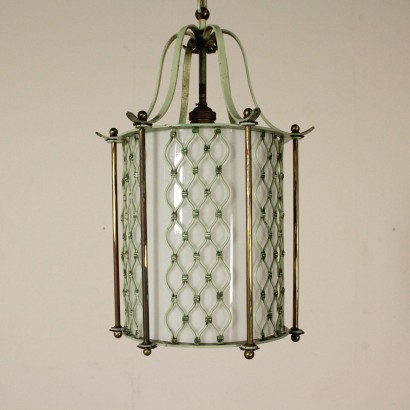 Hanging Lamp Metal Brass Opaline Glass Vintage Italy 1940s