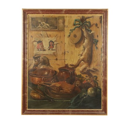 Pintura antigua - Falso Eje con un bodegón con Frutas y Juego