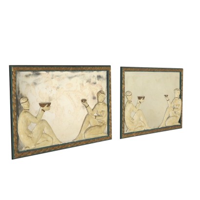 Paire de Dessus de Portes Art Decò Miroir Fer Bois Laqué '900