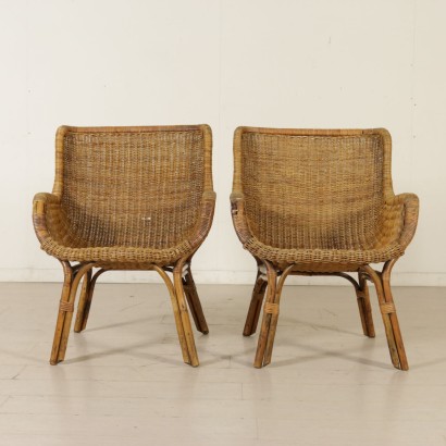 Pair of Wicker and Rattan Armchairs Vintage Italy 1960s