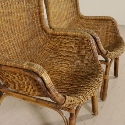 Pair of Wicker and Rattan Armchairs Vintage Italy 1960s