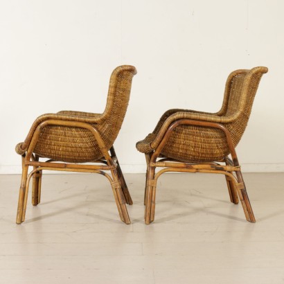 Pair of Wicker and Rattan Armchairs Vintage Italy 1960s