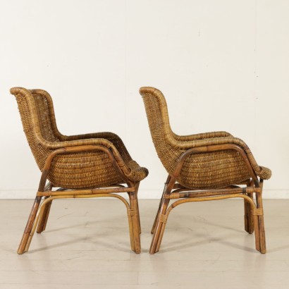 Pair of Wicker and Rattan Armchairs Vintage Italy 1960s