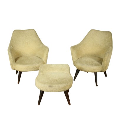 Paire de Fauteuils avec Pouf Ressorts Tissu Vintage Italie Années 60