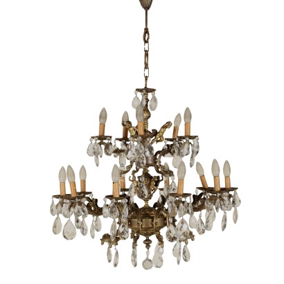 Chandelier Treated Bronze Crystal Pendants Italy First Half of 1900s