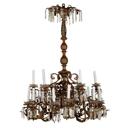 Large Bronze Chandelier Six Arms Crystal Pendants Italy Early 1900s
